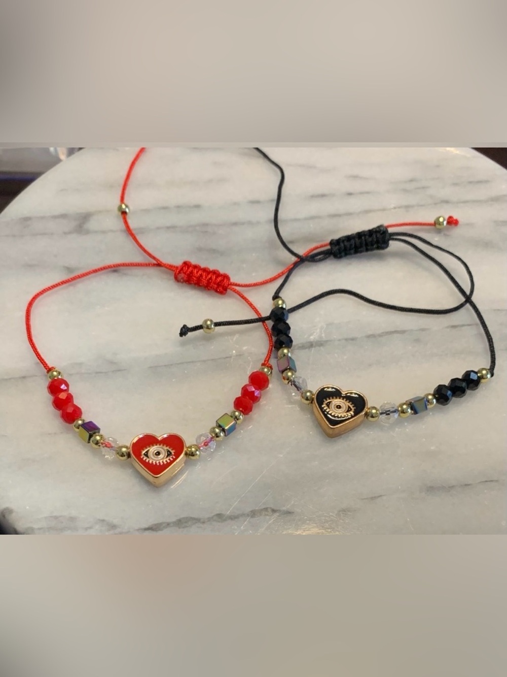 (2) Heart Evil Eye String and bead Bracelets
